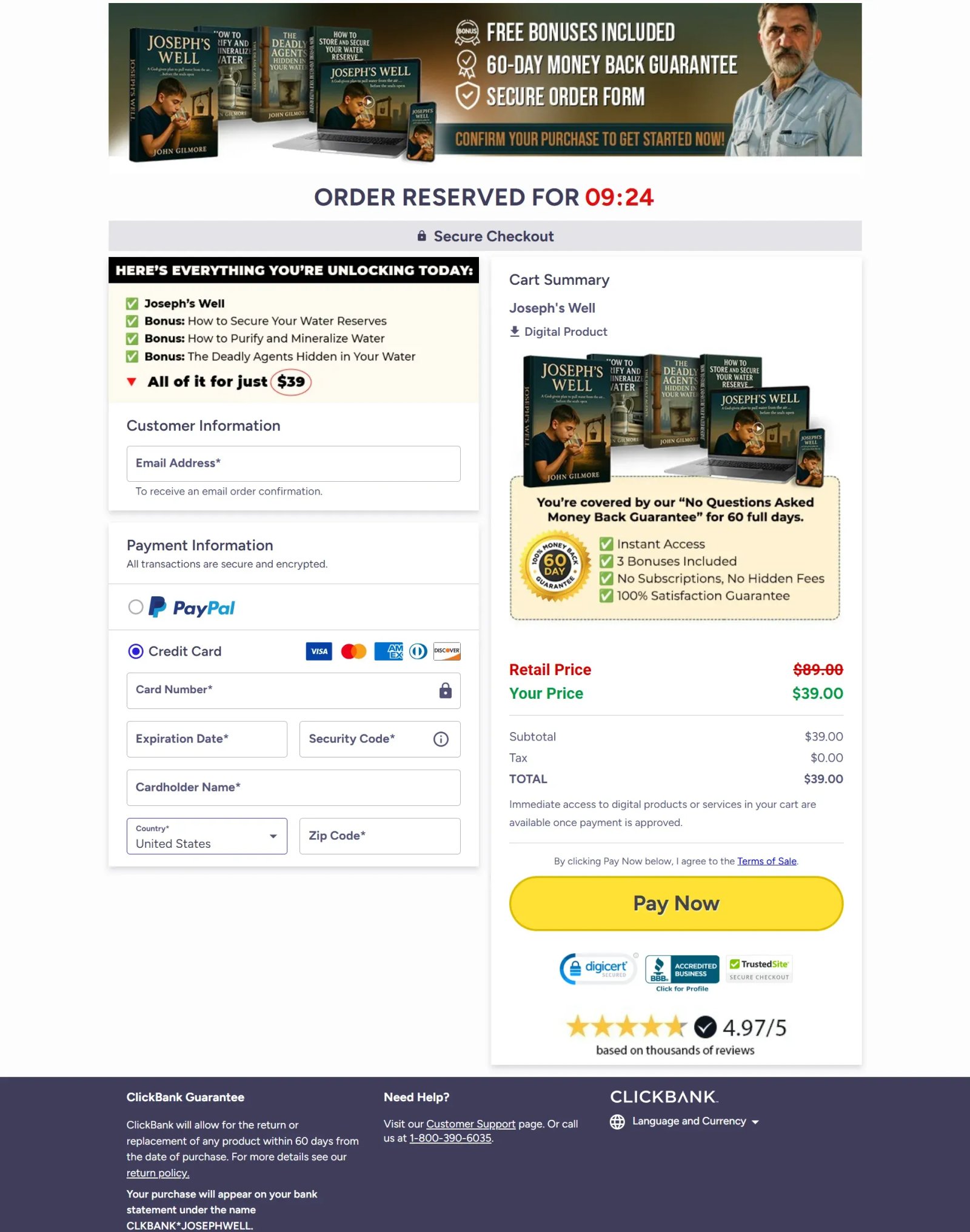 Screenshot of the secure Joseph's Well checkout page